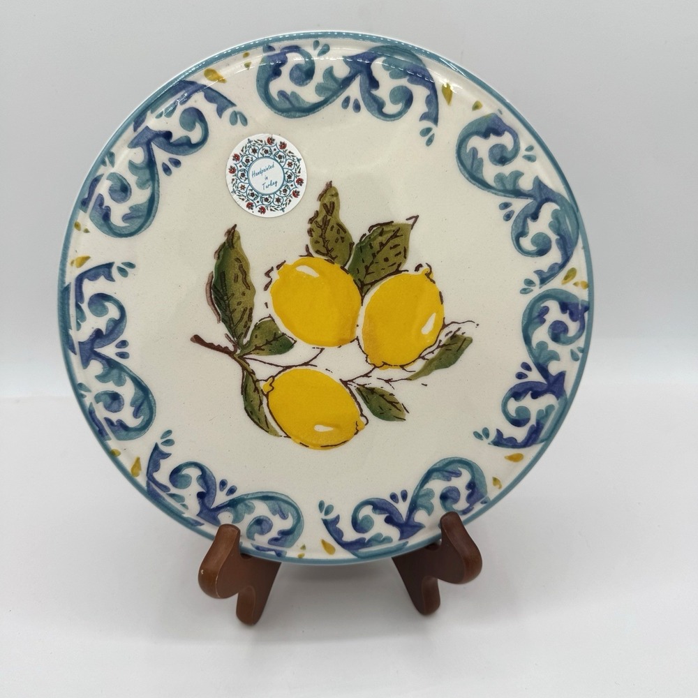 Papart Seramik Ceramic Trivet Lemons Hand Painted In Turkey 8 in Blue Scroll